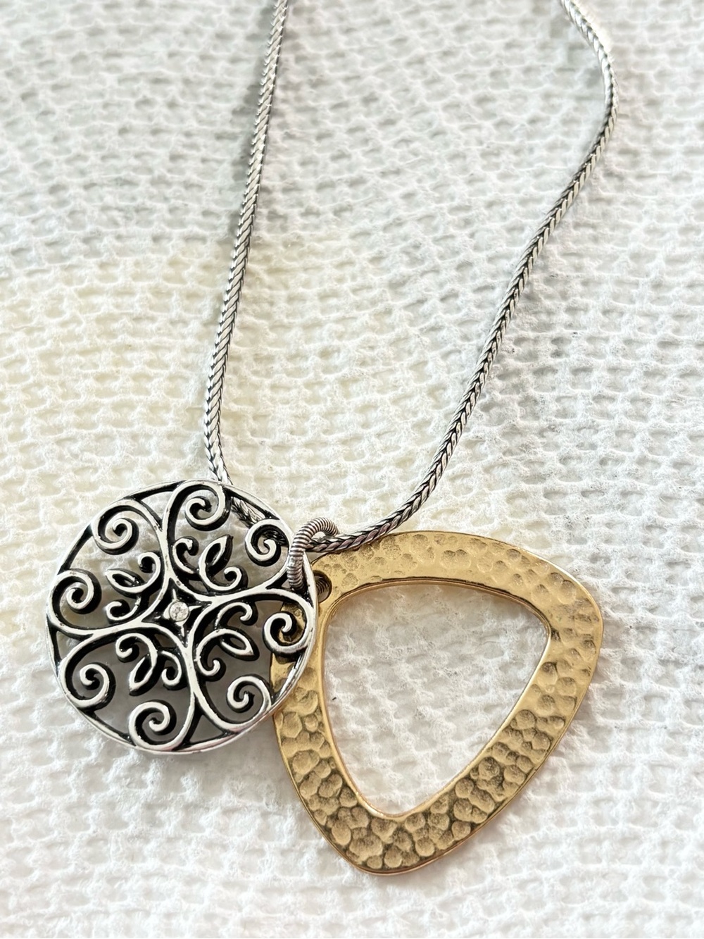 Brighton Two-Tone Silver and Gold Scroll & Hammered Pendant Necklace